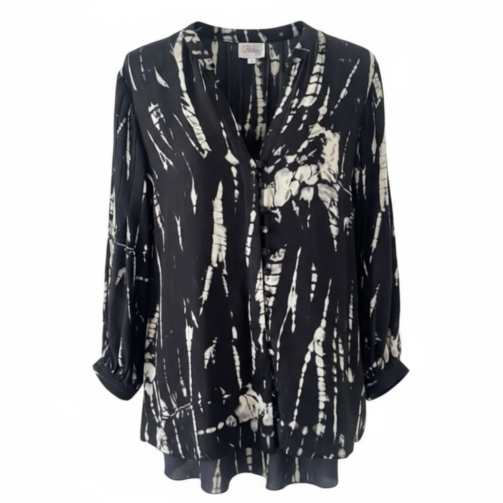 Parker Black and Cream Print 3/4 Sleeve Button Down Silk Blouse Size Small